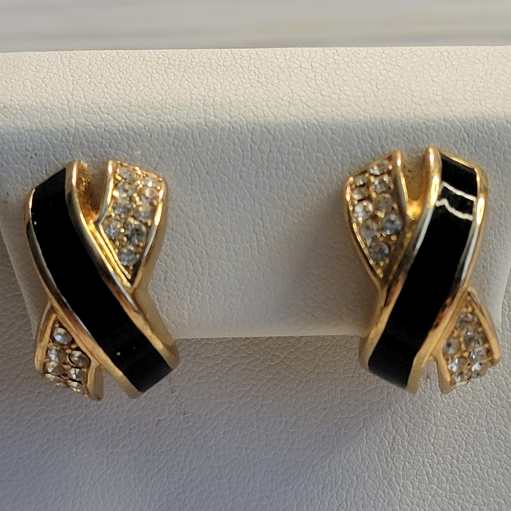 Vintage Christian Dior Black Enamel Rhinestone Crisscross Clip On Earrings
